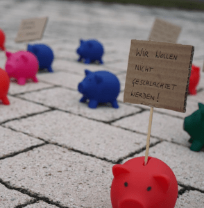 Foto mit Sparschweinen und Plakette "Wir wollen nicht geschlachtet werden" text